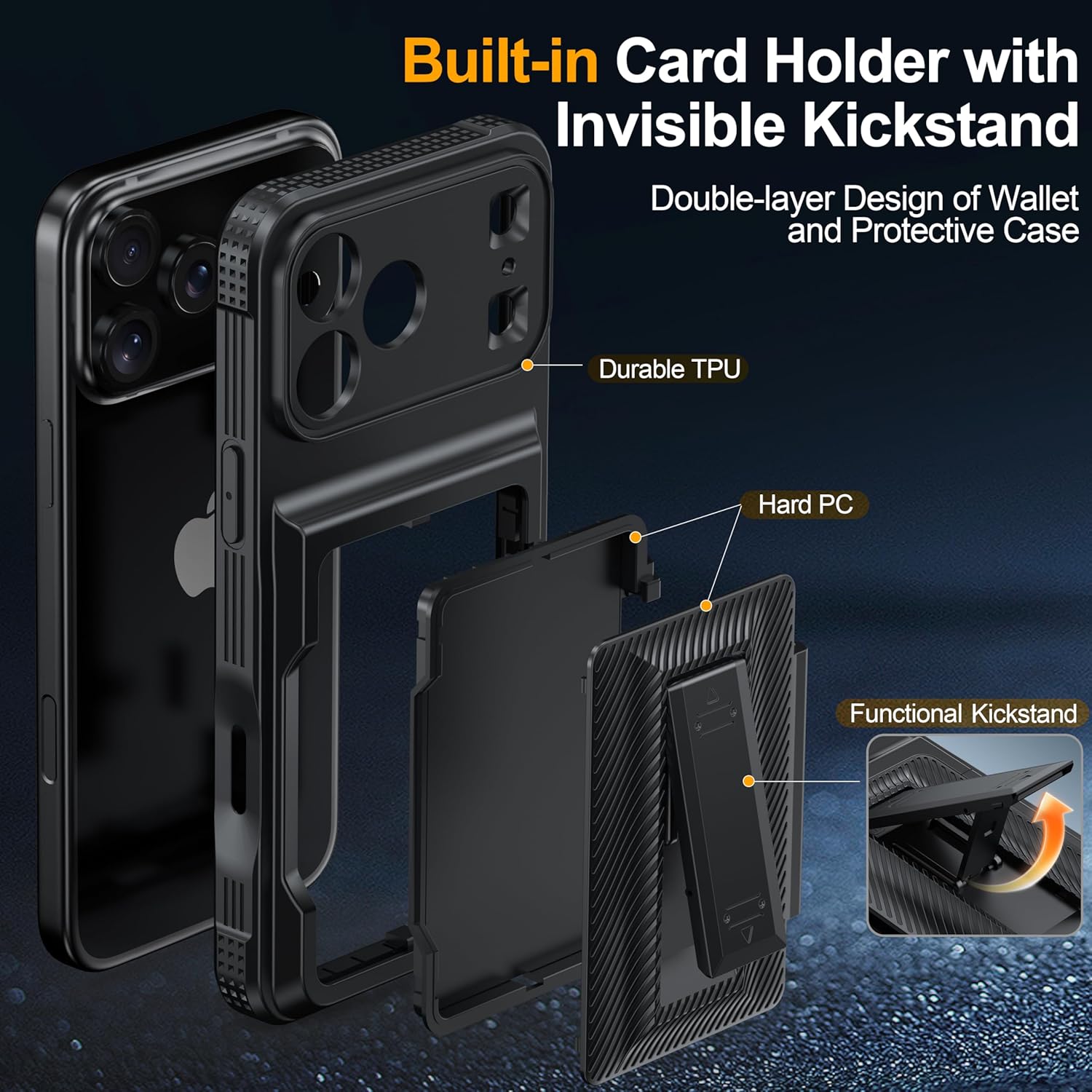 iPhone 17 Pro Max Wallet Case with Card Holder (4–5 Cards), RFID Blocking, Invisible Kickstand, Full Camera & Screen Protection + Privacy Screen Protector, Shockproof Military Drop Protection